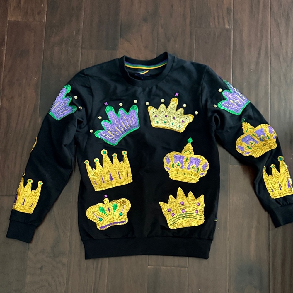 Mardi Gras Crown sparkle Embellished Black Sweatshirt small